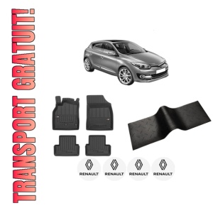Set 5 covorase auto RENAULT MEGANE III Hatchback (BZ0/1_, B3_) din 2009-2017, cu covoras tunel median, presuri auto din cauciuc, 4x Stickere auto cu RENAULT