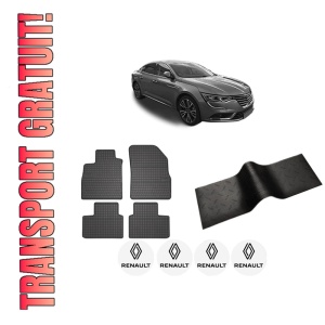 Set 5 covorase auto RENAULT TALISMAN (LP_) din 2013-2016, cu covoras tunel median, presuri auto din cauciuc, 4x Stickere auto cu RENAULT