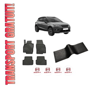 Set 5 covorase auto SEAT ARONA (KJ7, KJP) din 2012-2019, cu covoras tunel median, presuri auto din cauciuc, 4x Stickere auto cu SEAT