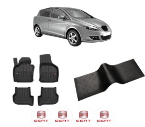 Set 5 covorase auto SEAT TOLEDO III (5P2) din 2015-2017, cu covoras tunel median, presuri auto din cauciuc, 4x Stickere auto cu SEAT - Img 2