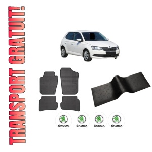 Set 5 covorase auto SKODA FABIA III Praktik (NJ5) din 2020-2024, cu covoras tunel median, presuri auto din cauciuc, 4x Stickere auto cu SKODA