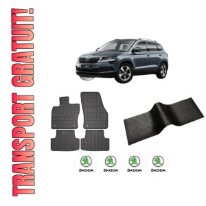 Set 5 covorase auto SKODA KAROQ (NU7, ND7) din 2009-2017, cu covoras tunel median, presuri auto din cauciuc, 4x Stickere auto cu SKODA