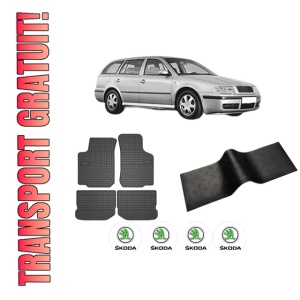 Set 5 covorase auto SKODA Octavia I Combi (1U5) din 2012-2020, cu covoras tunel median, presuri auto din cauciuc, 4x Stickere auto cu SKODA