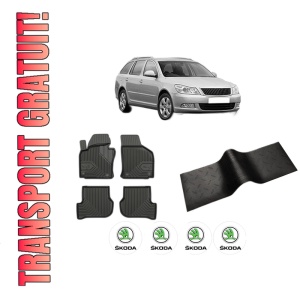 Set 5 covorase auto SKODA Octavia II Combi (1Z5) din 2004-2013, cu covoras tunel median, presuri auto din cauciuc, 4x Stickere auto cu SKODA
