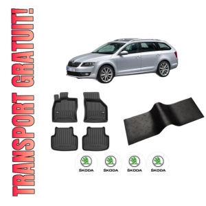 Set 5 covorase auto SKODA Octavia III Combi (5E5, 5E6) din 2015-2022, cu covoras tunel median, presuri auto din cauciuc, 4x Stickere auto cu SKODA