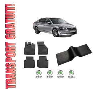 Set 5 covorase auto SKODA SUPERB III (3V3) din 2012-2018, cu covoras tunel median, presuri auto din cauciuc, 4x Stickere auto cu SKODA