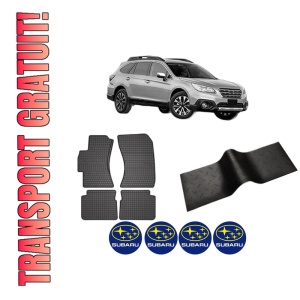 Set 5 covorase auto SUBARU OUTBACK (BS) din 2012-2020, cu covoras tunel median, presuri auto din cauciuc, 4x Stickere auto cu SUBARU