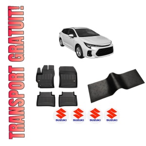 Set 5 covorase auto SUZUKI SWACE (AMZ_) din 2004-2012, cu covoras tunel median, presuri auto din cauciuc, 4x Stickere auto cu SUZUKI