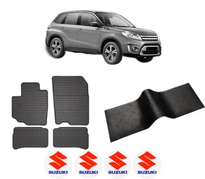 Set 5 covorase auto SUZUKI VITARA (LY) din 2016-2021, cu covoras tunel median, presuri auto din cauciuc, 4x Stickere auto cu SUZUKI - Img 2