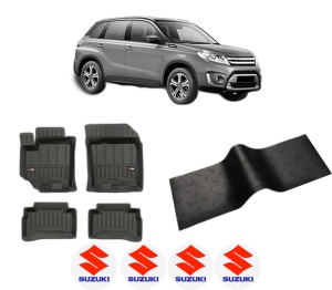 Set 5 covorase auto SUZUKI VITARA (LY) din 2016-2021, cu covoras tunel median, presuri auto din cauciuc, 4x Stickere auto cu SUZUKI - Img 2