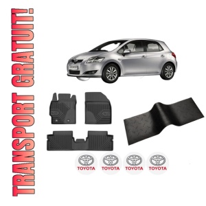 Set 5 covorase auto TOYOTA AURIS (_E15_) din 2010-2020, cu covoras tunel median, presuri auto din cauciuc, 4x Stickere auto cu TOYOTA