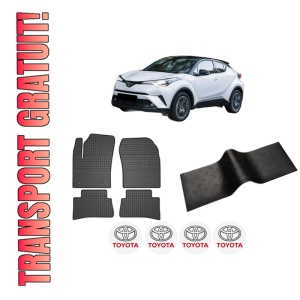 Set 5 covorase auto TOYOTA C-HR (_X1_) din 2016-2021, cu covoras tunel median, presuri auto din cauciuc, 4x Stickere auto cu TOYOTA