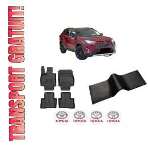 Set 5 covorase auto TOYOTA RAV 4 V (_A5_, _H5_) din 2015-2017, cu covoras tunel median, presuri auto din cauciuc, 4x Stickere auto cu TOYOTA