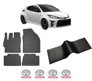Set 5 covorase auto TOYOTA YARIS (_P21_, _PA1_, _PH1_) din 2007-2018, cu covoras tunel median, presuri auto din cauciuc, 4x Stickere auto cu TOYOTA - Img 2