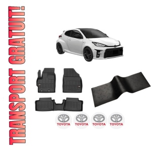 Set 5 covorase auto TOYOTA YARIS (_P21_, _PA1_, _PH1_) din 2007-2018, cu covoras tunel median, presuri auto din cauciuc, 4x Stickere auto cu TOYOTA