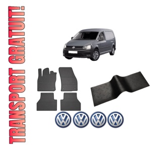 Set 5 covorase auto Volkswagen CADDY IV MPV (SAB, SAJ) din 2019, cu covoras tunel median, presuri auto din cauciuc, 4x Stickere auto cu Volkswagen