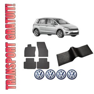 Set 5 covorase auto Volkswagen GOLF SPORTSVAN VII (AM1, AN1) din 2003-2012, cu covoras tunel median, presuri auto din cauciuc, 4x Stickere auto cu Volkswagen