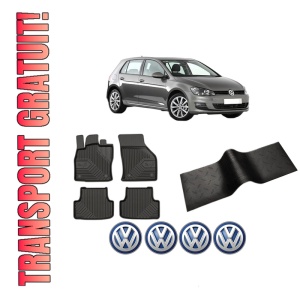 Set 5 covorase auto Volkswagen GOLF VII (5G1, BQ1, BE1, BE2) din 2014-2015, cu covoras tunel median, presuri auto din cauciuc, 4x Stickere auto cu Volkswagen