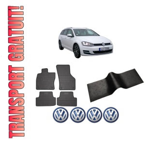 Set 5 covorase auto Volkswagen GOLF VII Variant (BA5, BV5) din 2007-2015, cu covoras tunel median, presuri auto din cauciuc, 4x Stickere auto cu Volkswagen