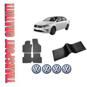 Set 5 covorase auto Volkswagen JETTA IV (162, 163, AV3, AV2) din 2018-2020, cu covoras tunel median, presuri auto din cauciuc, 4x Stickere auto cu Volkswagen
