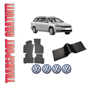 Set 5 covorase auto Volkswagen PASSAT B7 Variant (365) din 2008-2015, cu covoras tunel median, presuri auto din cauciuc, 4x Stickere auto cu Volkswagen