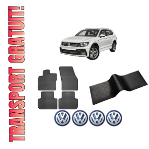 Set 5 covorase auto Volkswagen TIGUAN (AD1, AX1) din 2006-2015, cu covoras tunel median, presuri auto din cauciuc, 4x Stickere auto cu Volkswagen
