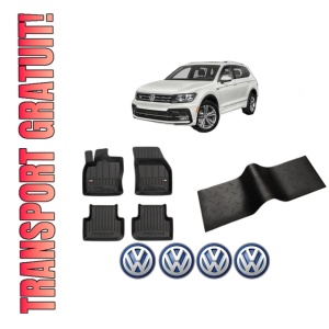 Set 5 covorase auto Volkswagen TIGUAN (AD1, AX1) din 2006-2015, cu covoras tunel median, presuri auto din cauciuc, 4x Stickere auto cu Volkswagen