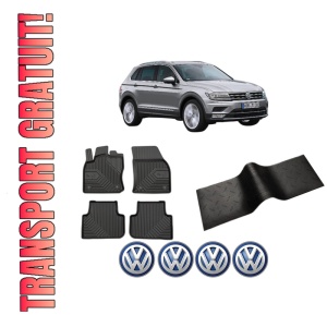 Set 5 covorase auto Volkswagen TIGUAN SUV Van (AD1) din 2012-2015, cu covoras tunel median, presuri auto din cauciuc, 4x Stickere auto cu Volkswagen