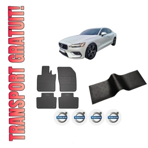 Set 5 covorase auto VOLVO S60 III (224) din 2017-2021, cu covoras tunel median, presuri auto din cauciuc, 4x Stickere auto cu VOLVO
