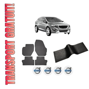 Set 5 covorase auto VOLVO XC60 I SUV (156) din 2018-2020, cu covoras tunel median, presuri auto din cauciuc, 4x Stickere auto cu VOLVO