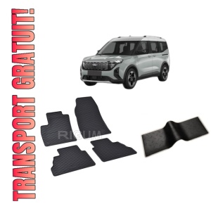 Set 5 covorase FORD TOURNEO COURIER II din 10.2023-PREZENT, cu covoras tunel median, CAROSERIE VAN 5 LOCURI, Presuri cauciuc 100%, compatibil cu autoturismul FORD TOURNEO COURIER II, Rigum