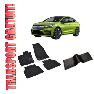 Set 5 covorase SKODA ENYAQ IV ELECTRIC din 02.2022-PREZENT, cu covoras tunel median, CAROSERIE COUPE, Presuri cauciuc 100%, compatibil cu autoturismul SKODA ENYAQ IV ELECTRIC, Rigum