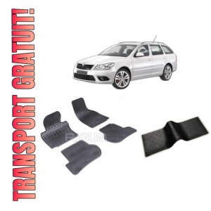 Set 5 covorase SKODA Octavia II din 2004-04.2013, cu covoras tunel median, CAROSERIE COMBI, Presuri cauciuc 100%, compatibil cu autoturismul SKODA Octavia II, Rigum