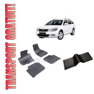 Set 5 covorase SKODA SUPERB II din 11.2009-08.2015, cu covoras tunel median, CAROSERIE COMBI, Presuri cauciuc 100%, compatibil cu autoturismul SKODA SUPERB II, Rigum