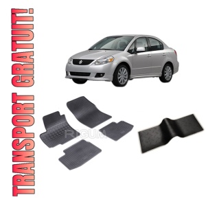 Set 5 covorase SUZUKI SX4 din 2007-08.2013, cu covoras tunel median, CAROSERIE SEDAN, Presuri cauciuc 100%, compatibil cu autoturismul SUZUKI SX4, Rigum