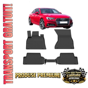 Set covorase Audi A4 B9 din 2015, covorase presuri tavita auto, cu tunel median intermediar din cauciuc thermoplastic, 4 Stickere auto cu Audi