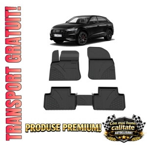 Set covorase Audi Q8 din 2018, covorase presuri tavita auto, cu tunel median intermediar din cauciuc thermoplastic, 4 Stickere auto cu Audi