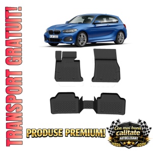 Set covorase BMW Seria 1 F21 din 2011-2018, covorase presuri tavita auto, cu tunel median intermediar din cauciuc thermoplastic, 4 Stickere auto cu BMW