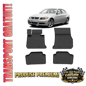 Set covorase BMW Seria 3 E90 din 2005 - 2012, covorase presuri tavita auto, cu tunel median intermediar din cauciuc thermoplastic, 4 Stickere auto cu BMW