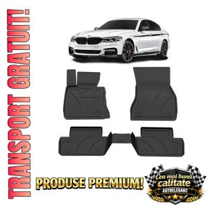 Set covorase BMW Seria 5 G30 din 2017 - 2023, covorase presuri tavita auto, cu tunel median intermediar din cauciuc thermoplastic, 4 Stickere auto cu BMW