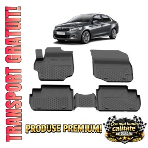 Set covorase Citroen C-Elysee II din 2012-2024, covorase presuri tavita auto, cu tunel median intermediar din cauciuc thermoplastic, 4 Stickere auto cu Citroen
