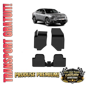 Set covorase Citroen C4 X din 2022, covorase presuri tavita auto, cu tunel median intermediar din cauciuc thermoplastic, 4 Stickere auto cu Citroen