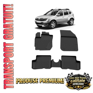 Set covorase Dacia Duster I 4X2 din 2013 - 2017, covorase presuri tavita auto, cu tunel median intermediar din cauciuc thermoplastic, 4 Stickere auto cu Dacia
