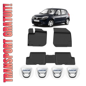 Set covorase Dacia Sandero I din 2008 - 2012, covorase presuri tavita auto, cu tunel median intermediar din cauciuc thermoplastic, 4 Stickere auto cu Dacia