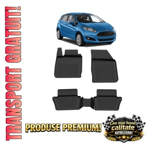 Set covorase Ford Fiesta din 2008 - 2016, covorase presuri tavita auto, cu tunel median intermediar din cauciuc thermoplastic, 4 Stickere auto cu Ford