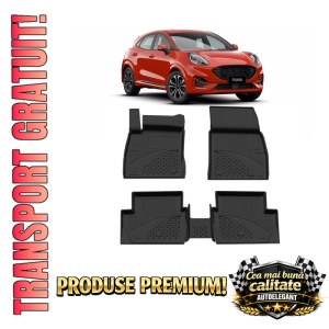 Set covorase Ford Puma din 2019, covorase presuri tavita auto, cu tunel median intermediar din cauciuc thermoplastic, 4 Stickere auto cu Ford