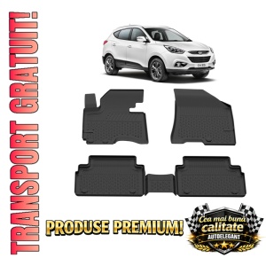 Set covorase Hyundai IX35 din 2009 - 2015, covorase presuri tavita auto, cu tunel median intermediar din cauciuc thermoplastic, 4 Stickere auto cu Hyundai