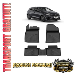 Set covorase KIA Ceed III Hatchback din 2018, covorase presuri tavita auto, cu tunel median intermediar din cauciuc thermoplastic, 4 Stickere auto cu KIA