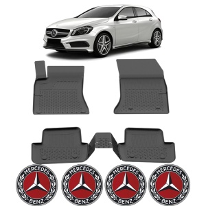 Set covorase Mercedes A-Class W176 din 2012-2018, covorase presuri tavita auto, cu tunel median intermediar din cauciuc thermoplastic, 4 Stickere auto cu Mercedes - Img 2