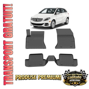 Set covorase Mercedes B-Class W246 din 2011-2018, covorase presuri tavita auto, cu tunel median intermediar din cauciuc thermoplastic, 4 Stickere auto cu Mercedes